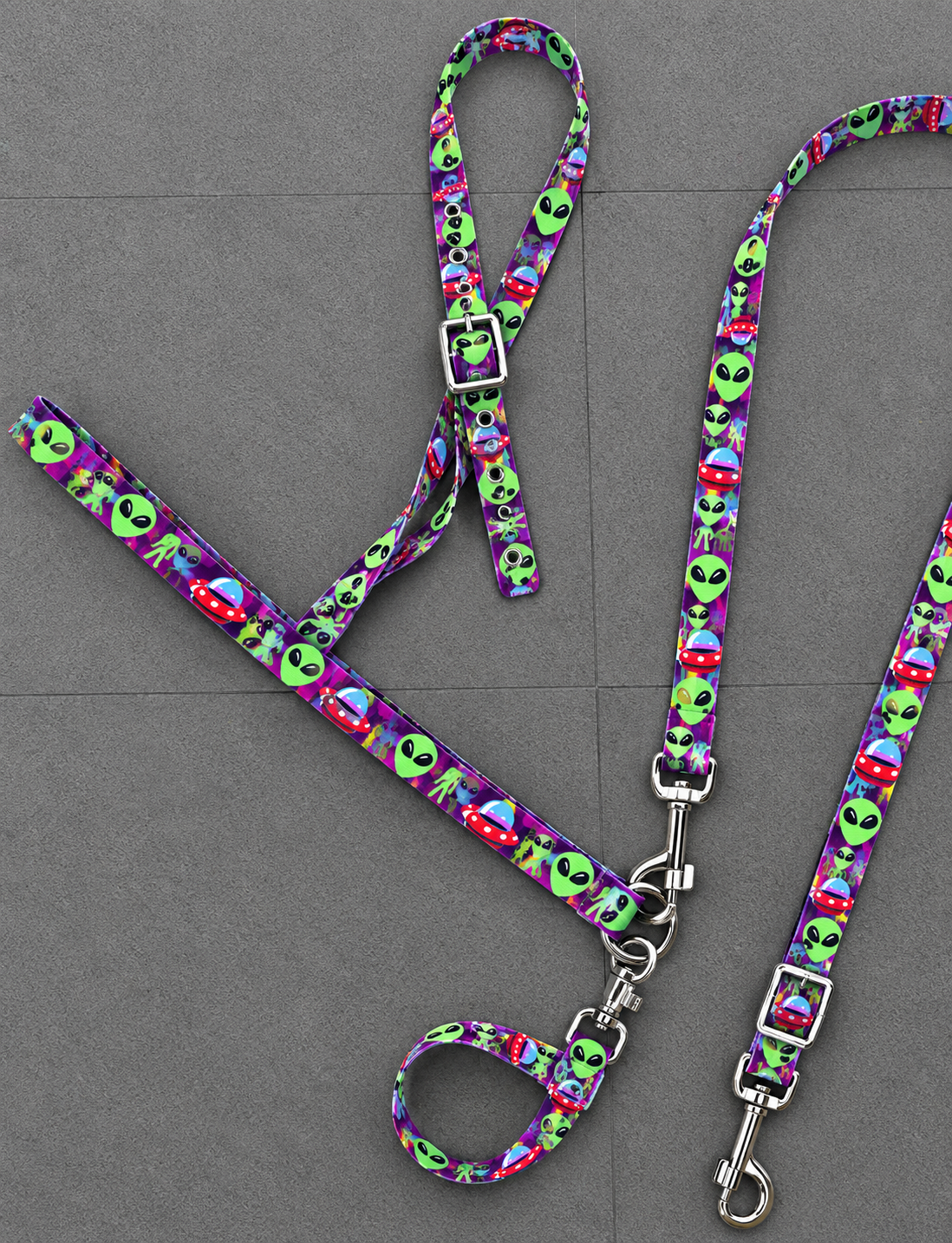 Alien Horse Tie Down Strap | Neon Alien & UFO Western Tack | Adjustable Horse Tie Down | Purple & Green Space Print Tack